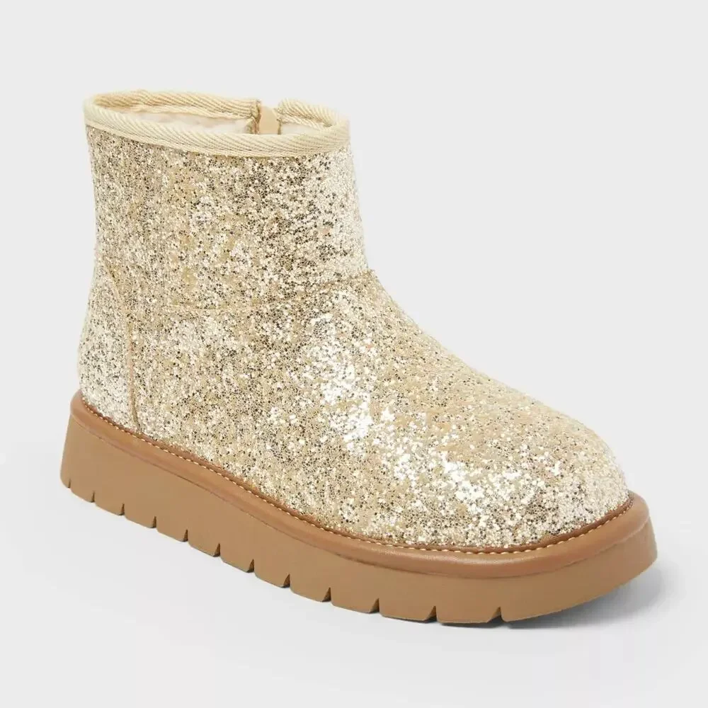 Girls Size 5 Gold Glitter Ankle Boots Winter Sparkle Cat & Jack Honor New