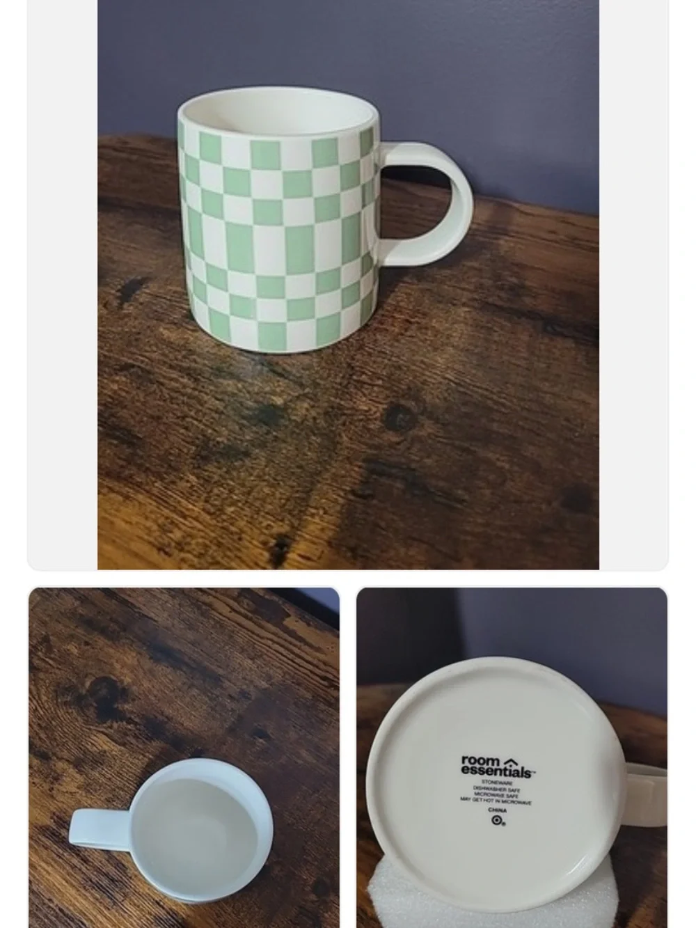 Mint green and white Room essential checker Stoneware mug new never used