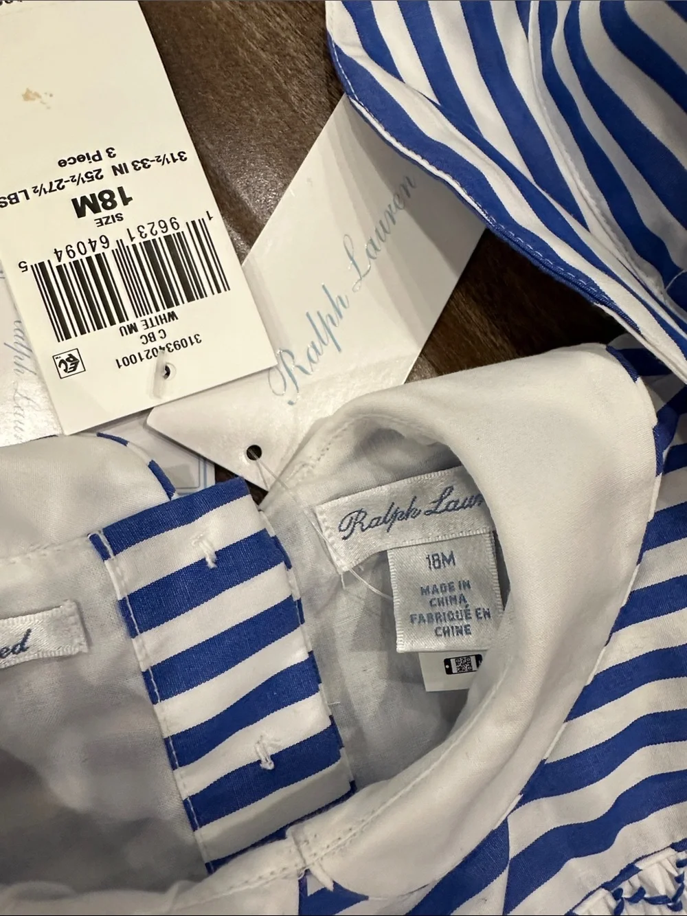 NWT Ralph Lauren Baby 18M Hand Smocked Dress /Sun Hat Blue Stripe Organic Cotton
