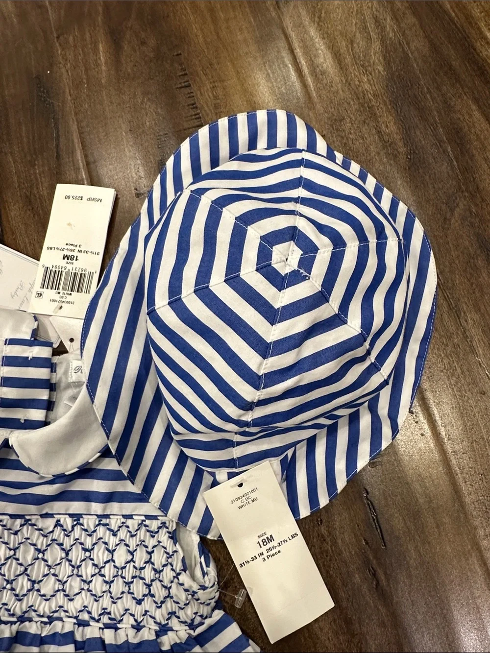 NWT Ralph Lauren Baby 18M Hand Smocked Dress /Sun Hat Blue Stripe Organic Cotton