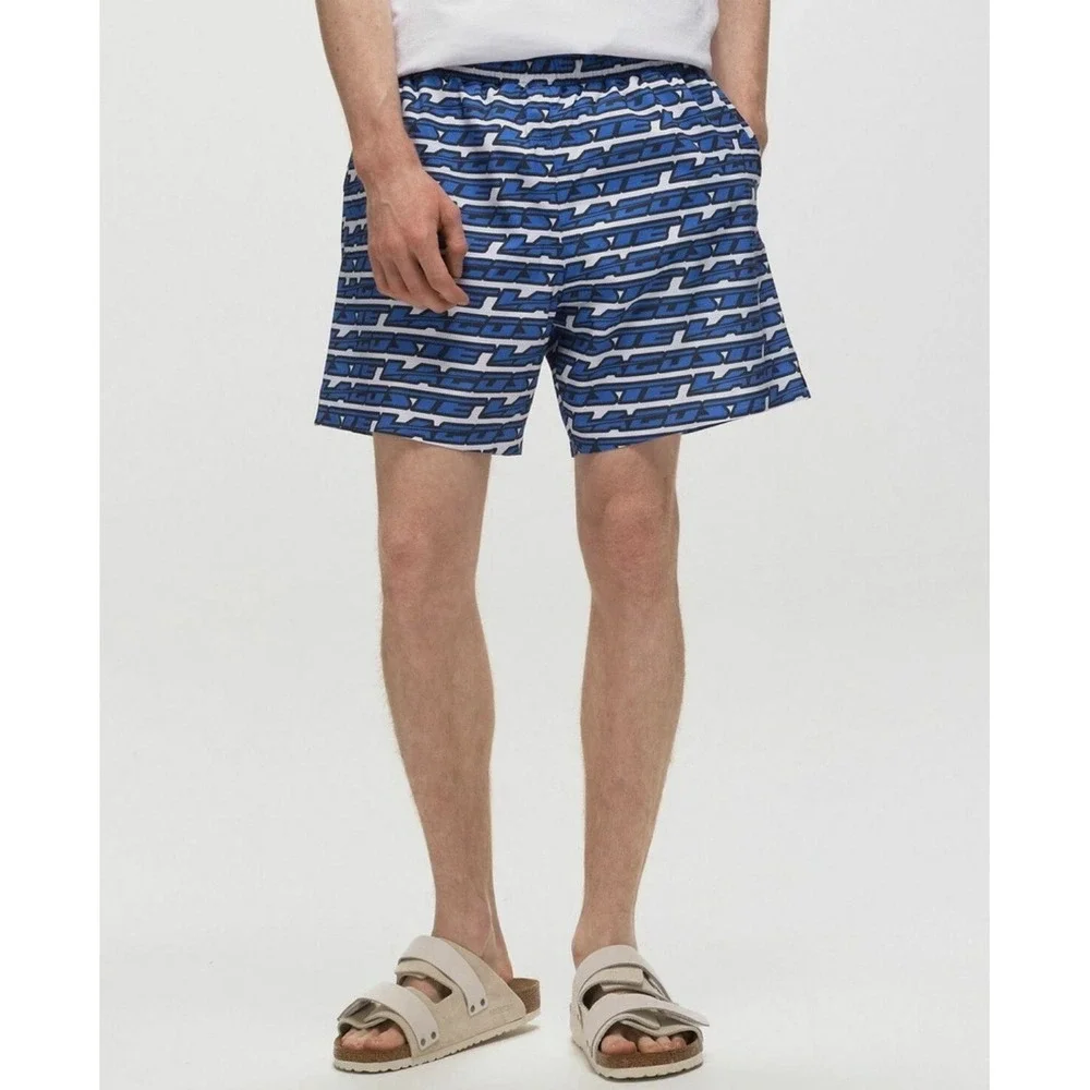 Lacoste Maillot De Bain Blue Swimwear Men's Size Large Black Back Logo And Print