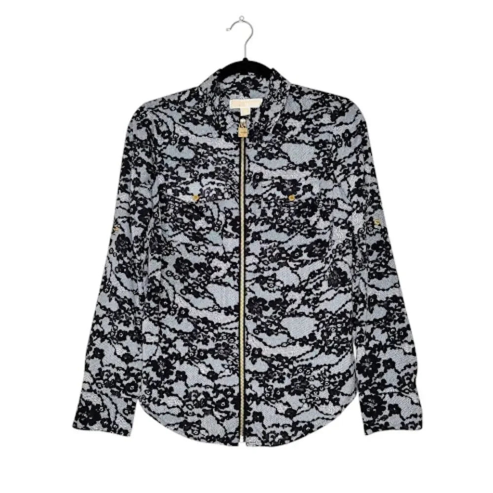 MICHAEL KORS 3/4 Roll Sleeve Floral Lace Pattern Zip Up Gold Detail Blouse XS