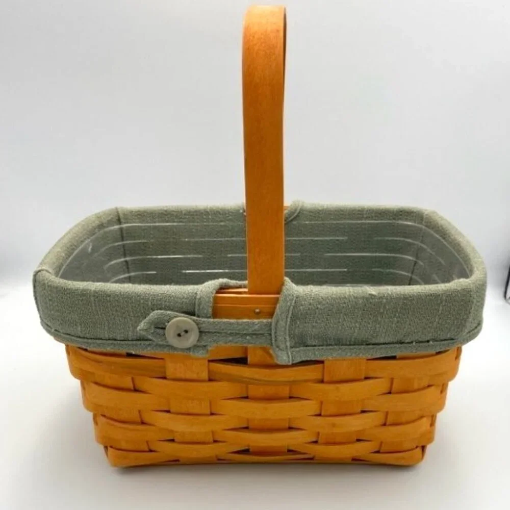 Longaberger Basket Rectangle 2002 Green‎ Fabric & Plastic Liners Handmade USA