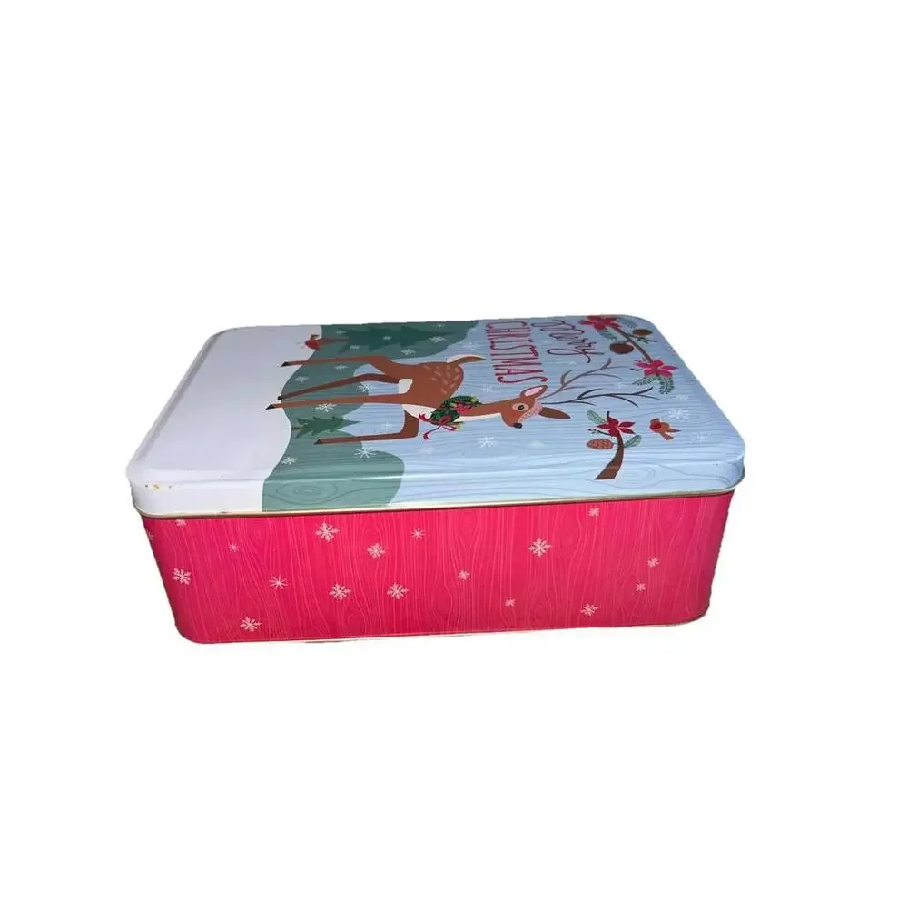 Vintage Style Reindeer Christmas Tin - Retro Woodland MCM Holiday Cookie‎ Box
