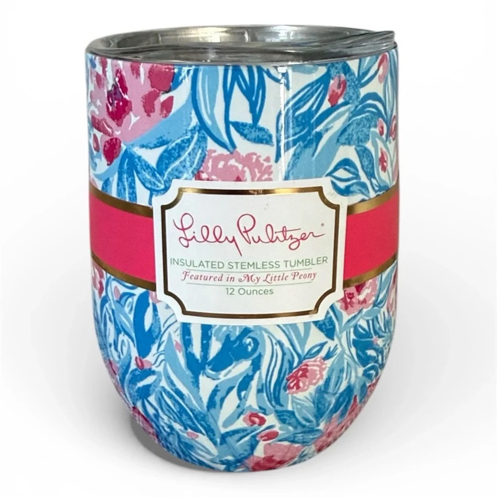 Lilly Pulitzer Insulated Stemless Wine Tumbler‎ My Little Peony Bondi Blue NEW