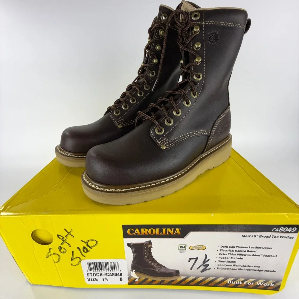 Carolina CA8049 Mens 8 Inch Broad Toe Wedge Work Boots Dark Oak Leather EH 7.5 D