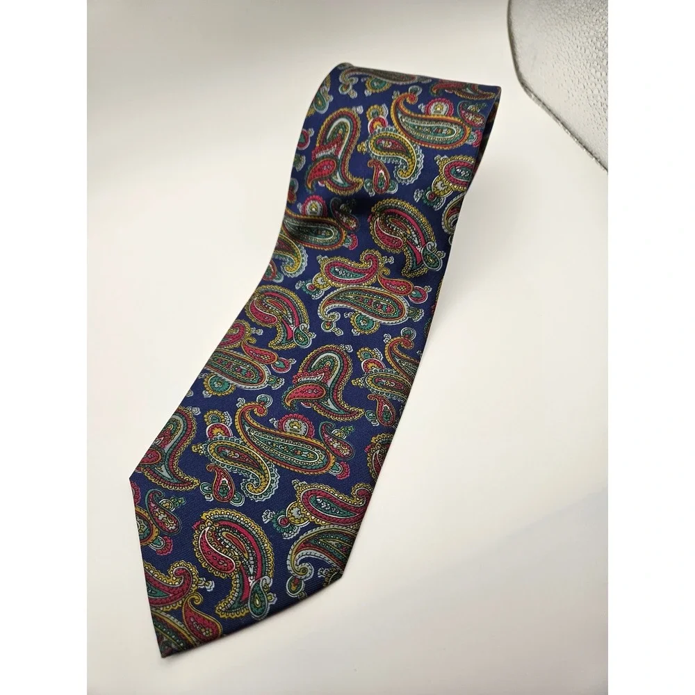 Stefano Rossini Men Navy Blue Paisley 100% Silk Handmade Necktie 3.75 Inch Width