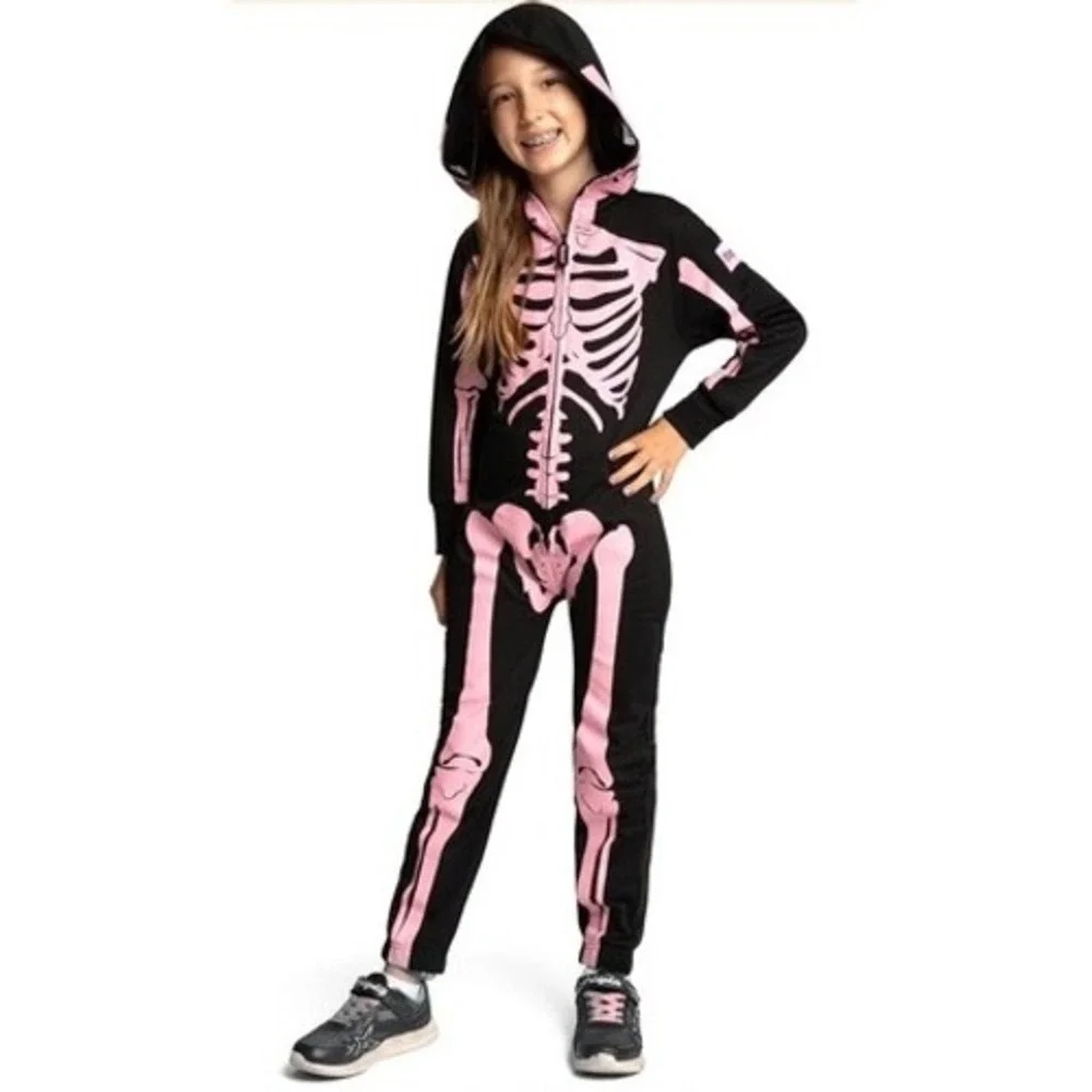 Tipsy elves Skeleton Print Pajamas Costume Black Pink Hooded Full Zip Size Large