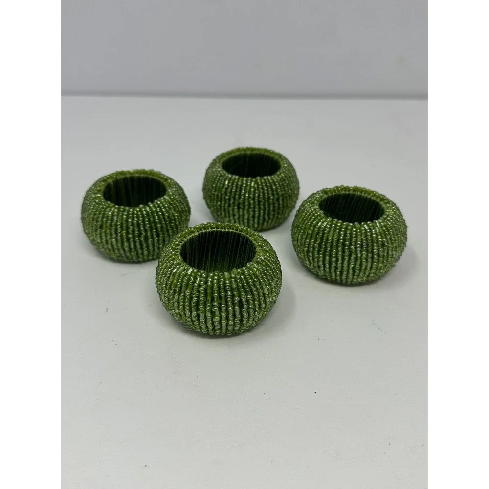 Green Beaded Napkin Rings Set of 4 Round Seed Bead Table Decor Olive Moss