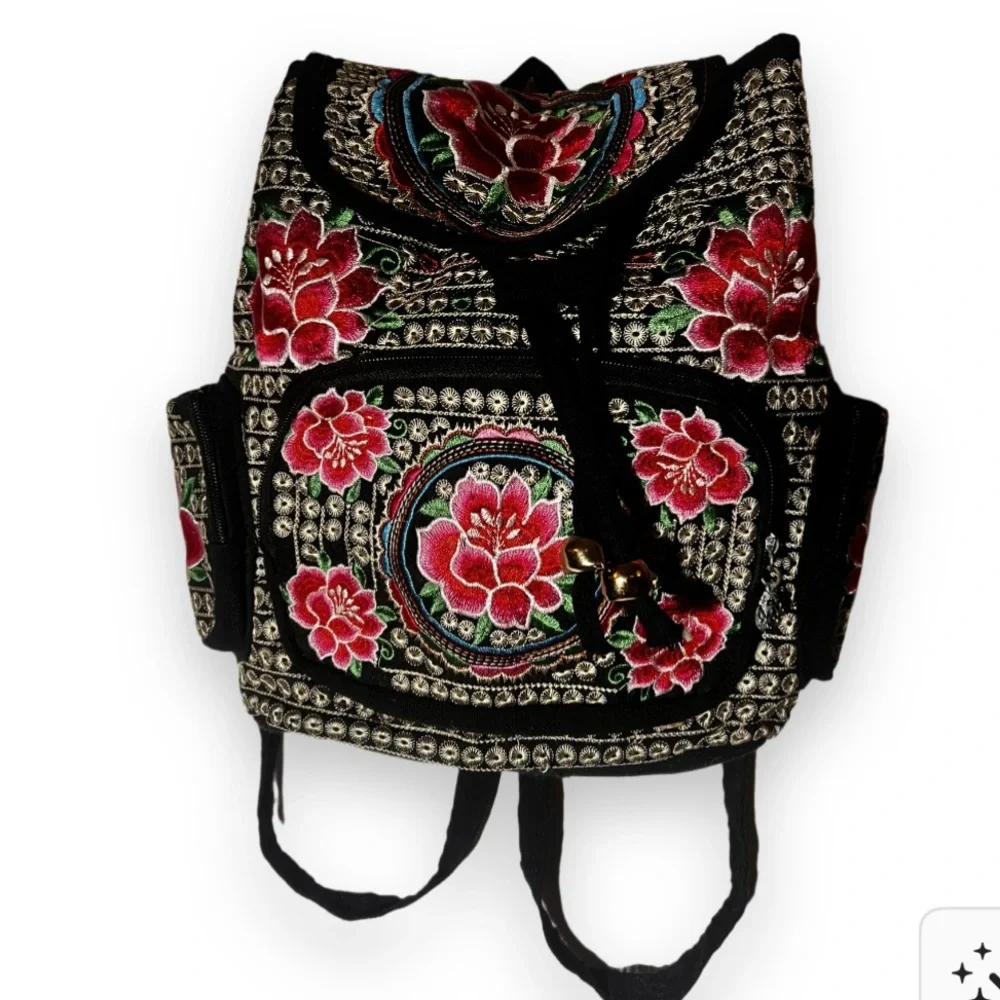 Floral Embroidered Backpack - Black and Red
