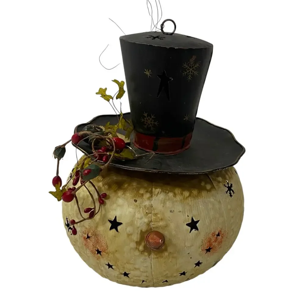 Vintage Lighted Snowman Holiday Christmas Winter Candle Holder Metal Headlamp