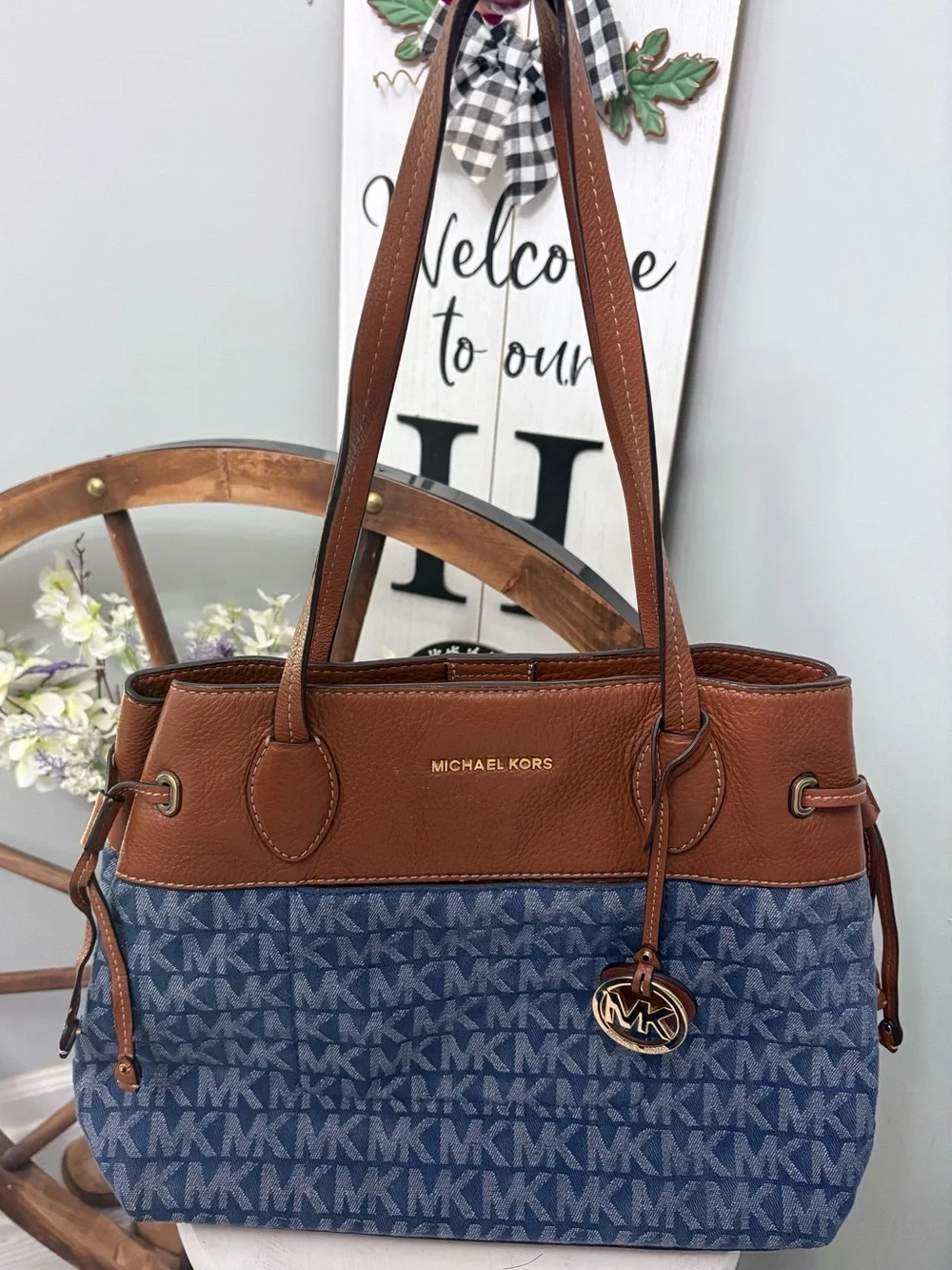 MICHAEL KORS Vintage MK Logo Denim Tote with Brown Leather Trim & Gold Charm