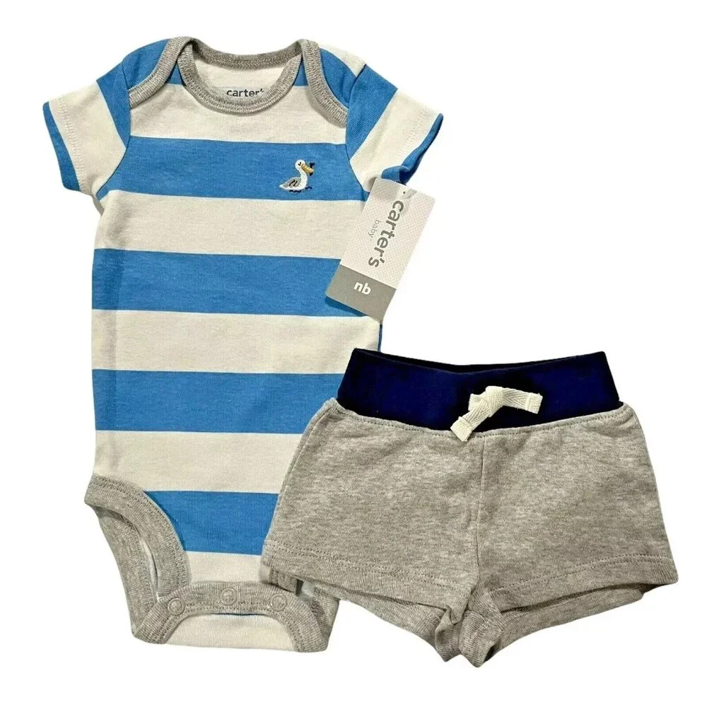 Carter's Newborn Baby Boys 2pc Bodysuit &‎ Shorts Outfit Set Blue-Gray-White