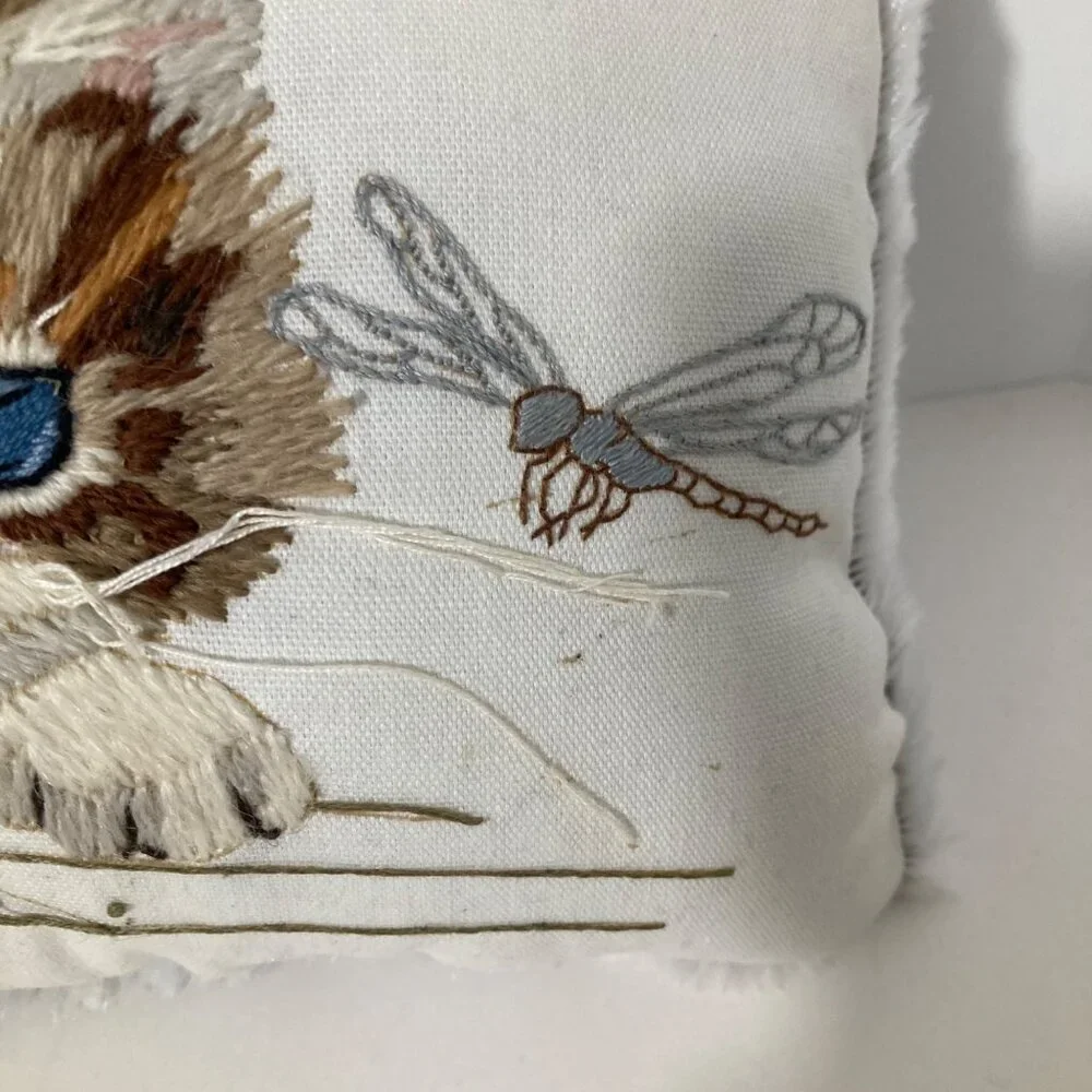Handmade‎ Crewel Embroidered Kitty Dragonfly Pillow Faux Fur Backing 10 x 6 x 4