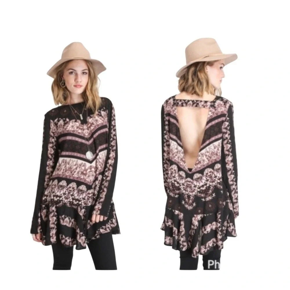 Free People Black Paisley Open Back Tiered Ruffle Tunic‎ Dress Top Womens Medium