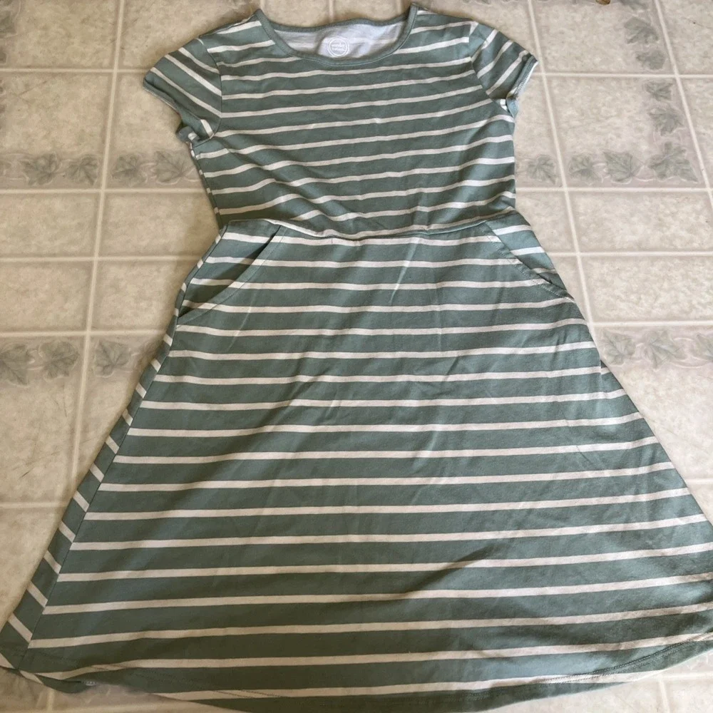 Wonder Nation Dress Long Modest Short Sleeve Casual 7-8 mint Ivory Stripe