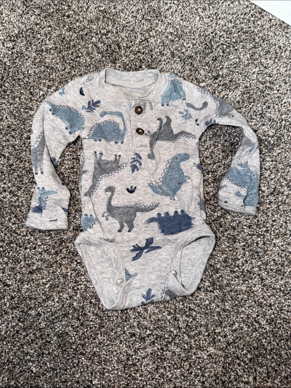 Baby Long-Sleeve Dino One-Piece Bodysuit in Light Gray and Blue