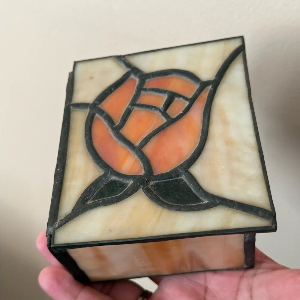 VTG Stained Glass Trinket Box Lovely‎ Tiffany Style Orange Rose Flower 4.5x4” T