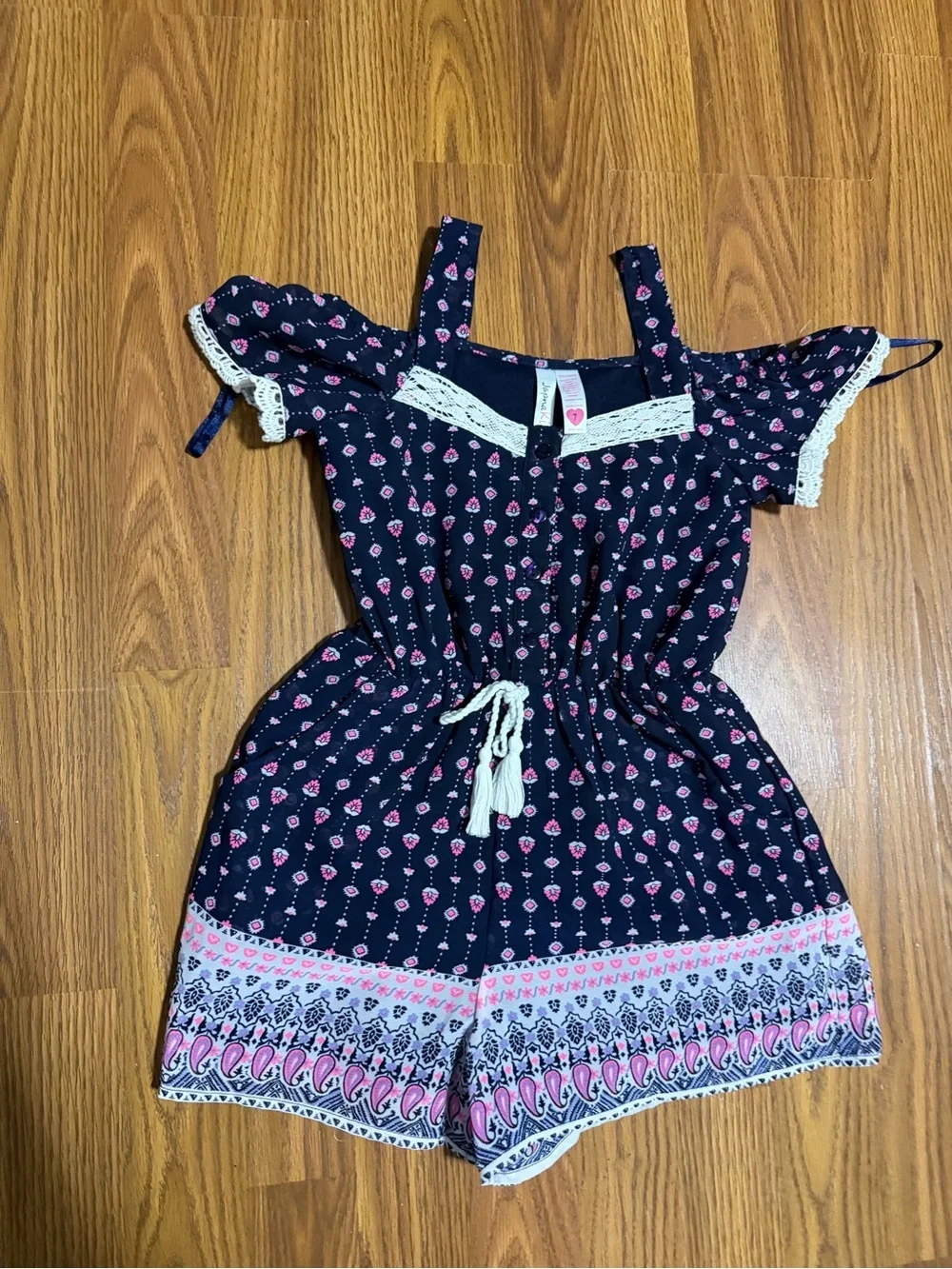 Japna Kids 2 Romper Bundle Size 7. Blue crochet detail boho romper & Tropical