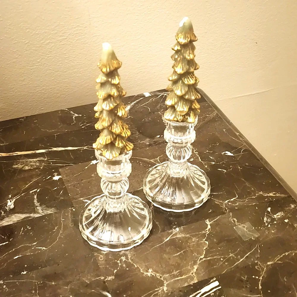 Christmas Tree Candles with Glass Candle Holders Set