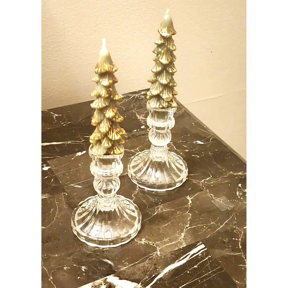 Christmas Tree Candles with Glass Candle Holders Set