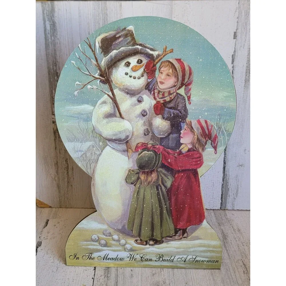Vintage wooden Snowman‎ Victorian kid building xmas figure decor