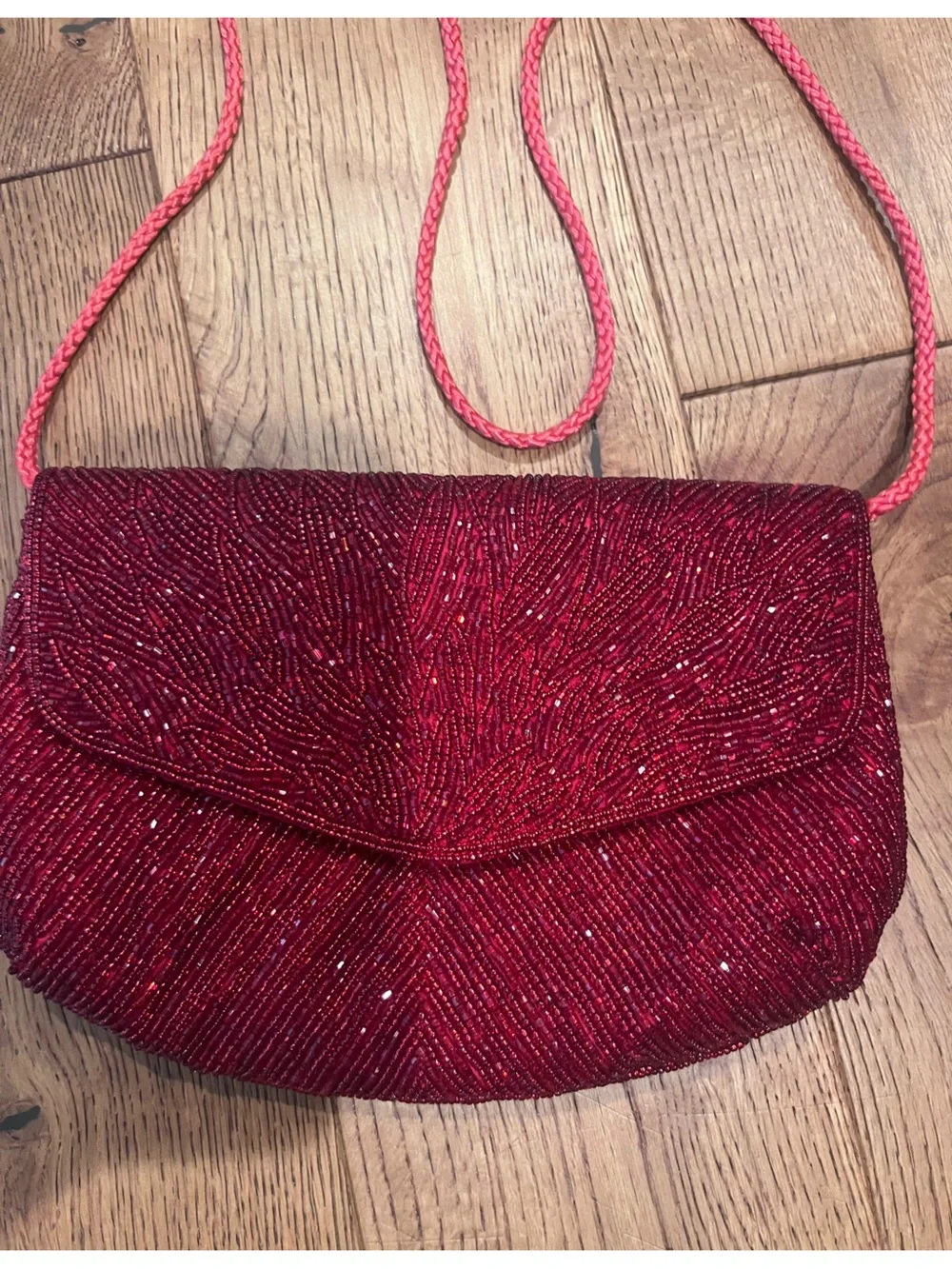 1980s Red Beaded Evening Clutch Shoulder Bag
