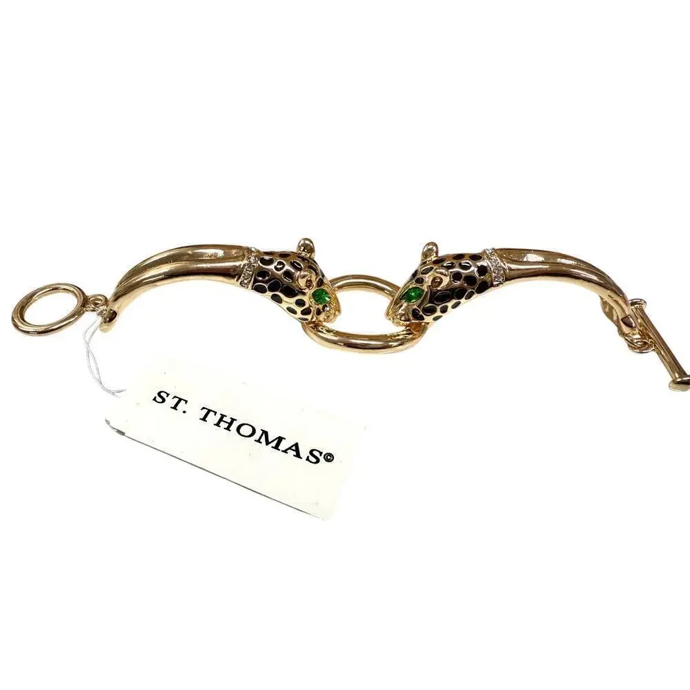 NEW Vintage St Thomas Gold Tone Green Eyes Double Leopard Head Toggle Bracelet