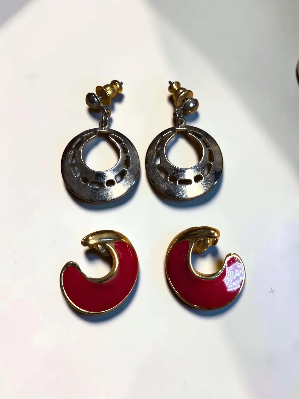 Vintage Gold Tone Red Enamel & Silver Tone Hoop Earrings 2 Pair