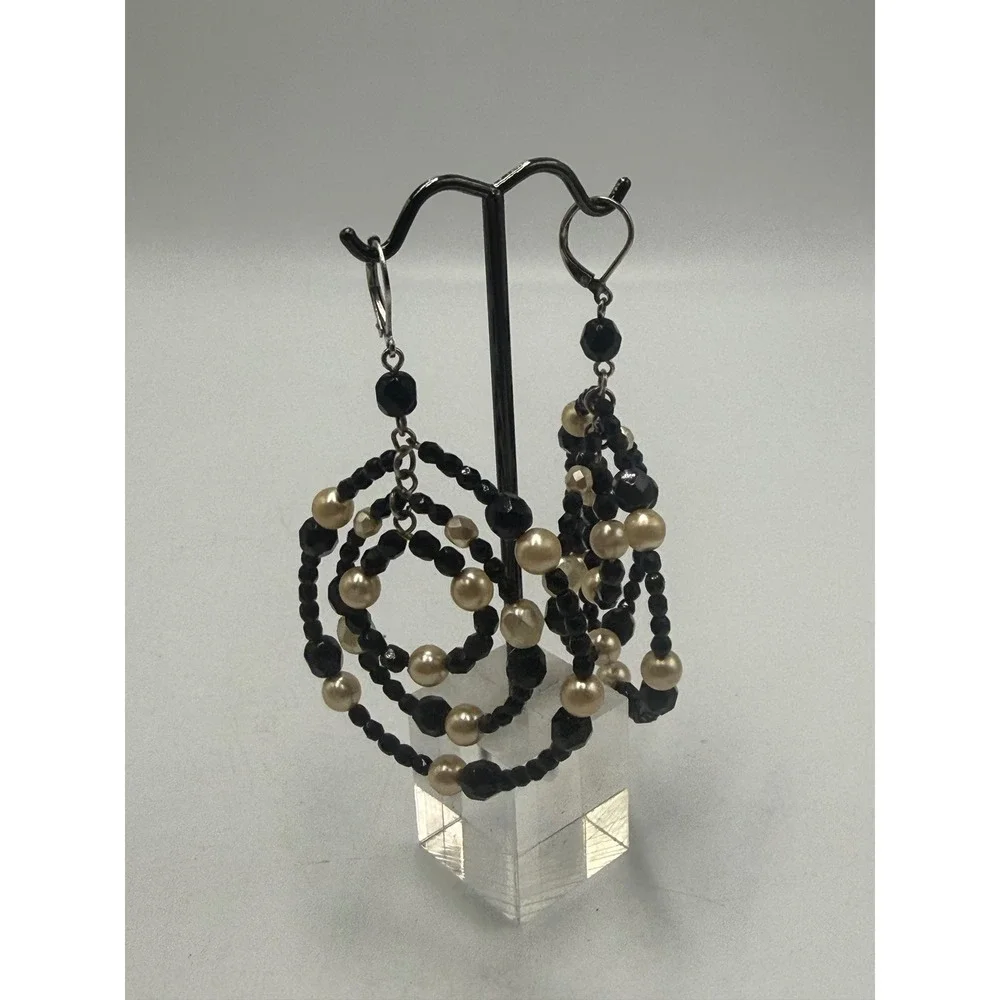 Black and Cream Faux Pearl Multi Strand Tiered Hoop Chandelier Earrings