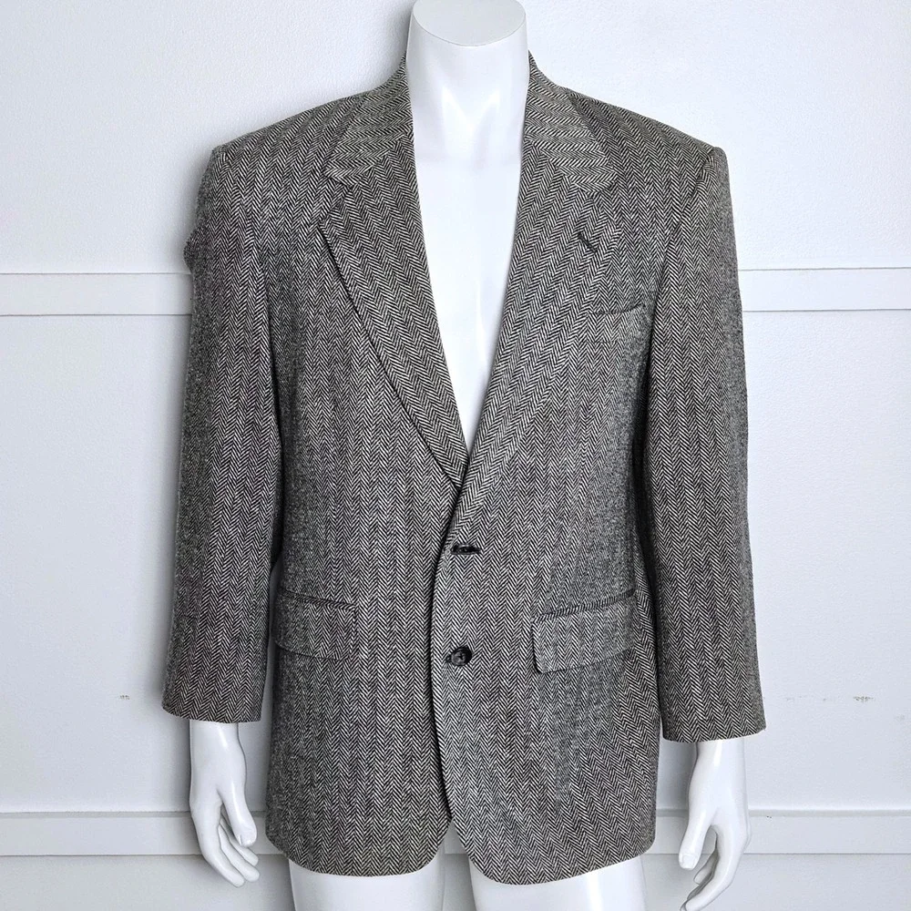 John Alexander Mens Herringbone Blazer Sport Coat Grey Black White Size 39R