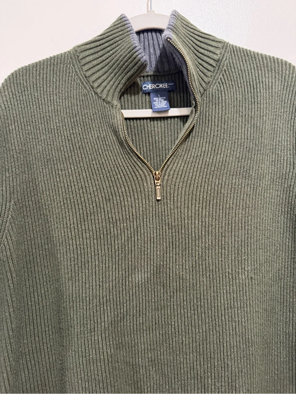 Cherokee Men’s Olive Green 100% Cotton Ribbed Quarter Zip Sweater Size Large