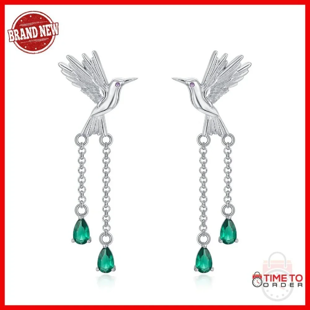 925 Sterling Silver Hummingbird Drop Dangle Earrings with Emerald Birthstones
