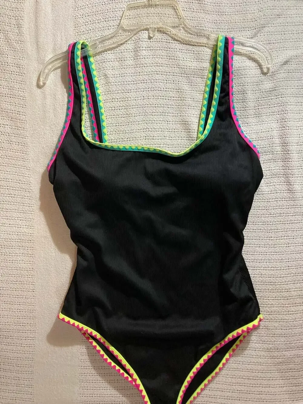 Popvil One Piece Swimsuit with Neon Contrast Binding, Black