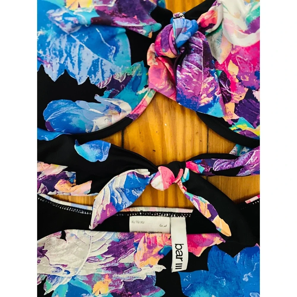 Bar‎ III Womens Floral Monokini Swimsuit Black Pink Blue Cutout Halter XL
