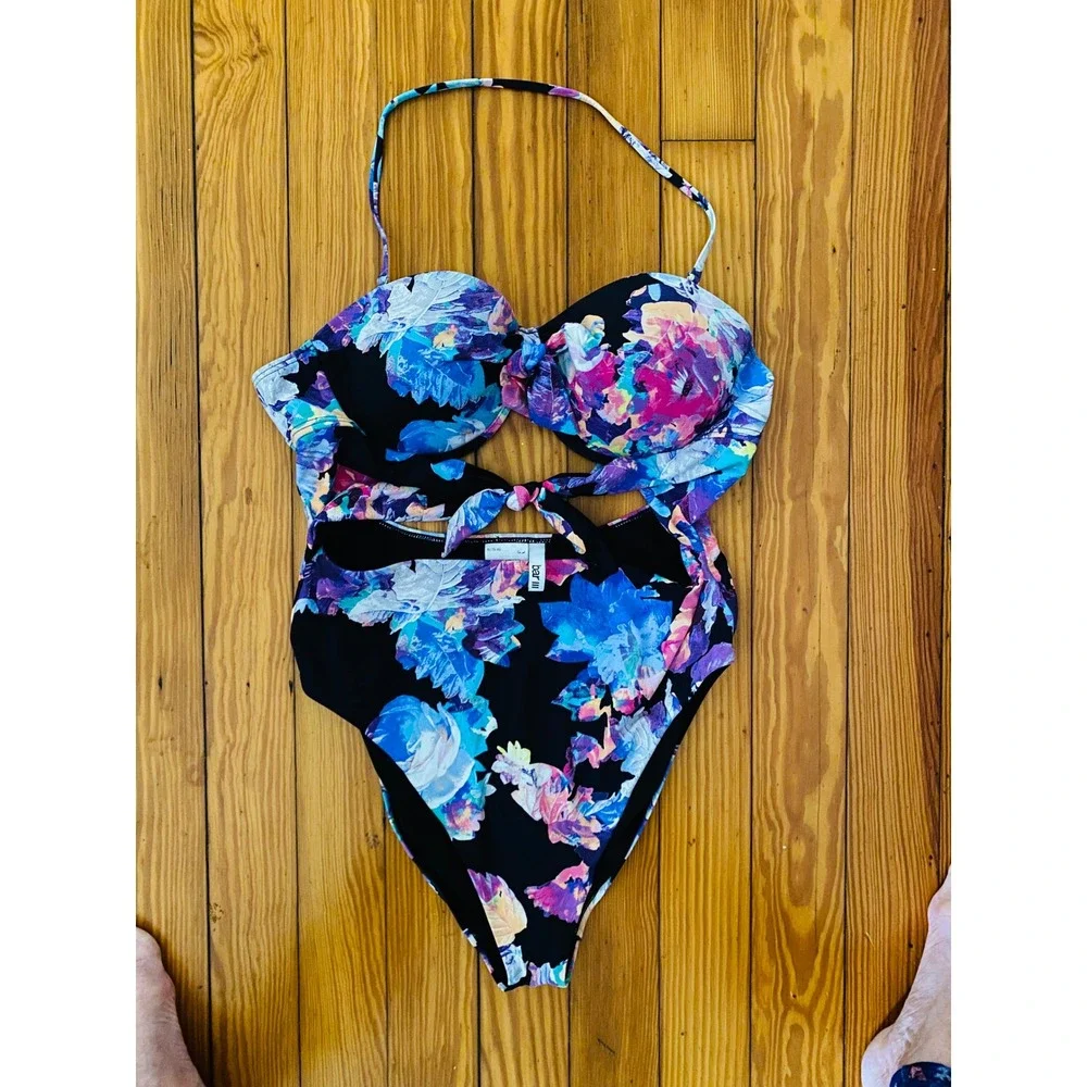 Bar‎ III Womens Floral Monokini Swimsuit Black Pink Blue Cutout Halter XL