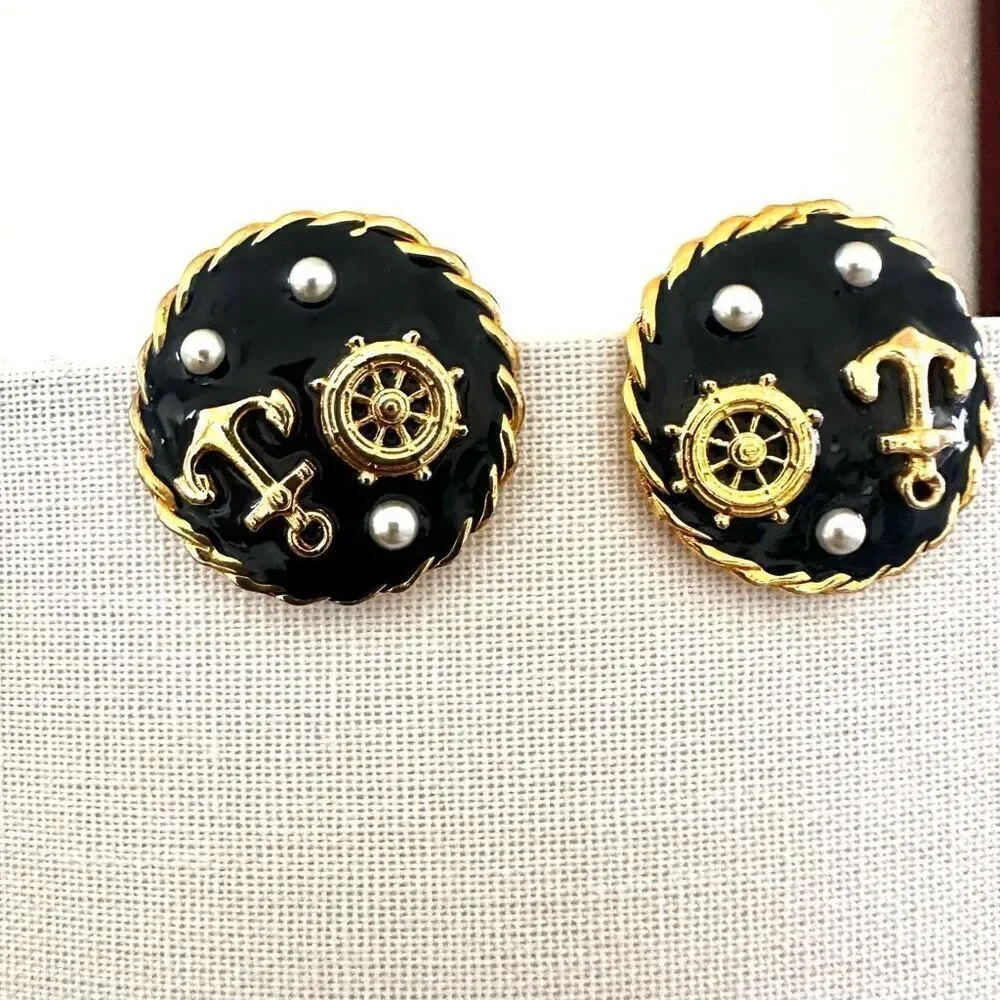 Navy round nautical clip earrings shipping include part