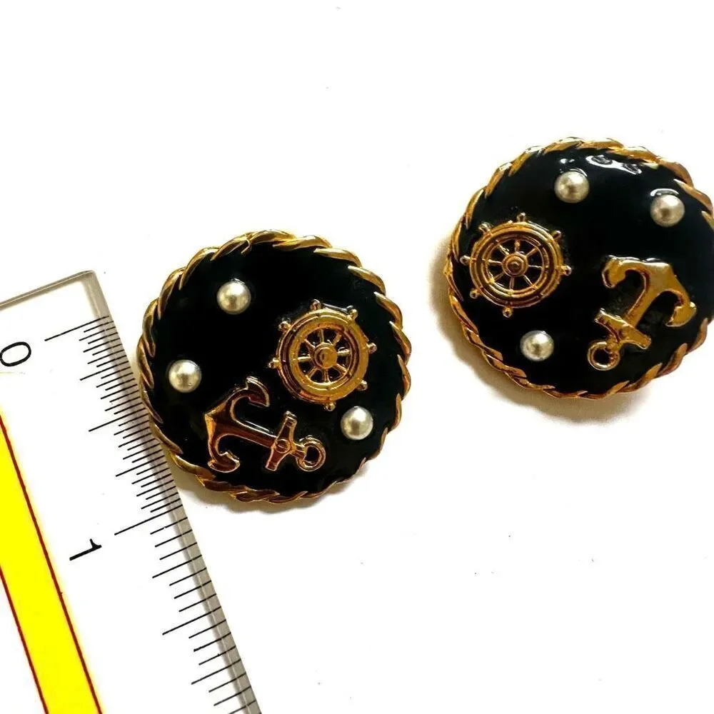 Navy round nautical clip earrings when than