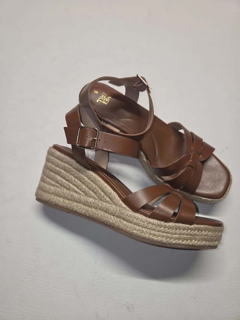 Brown Leather Platform Wedge Sandals with Ankle Strap