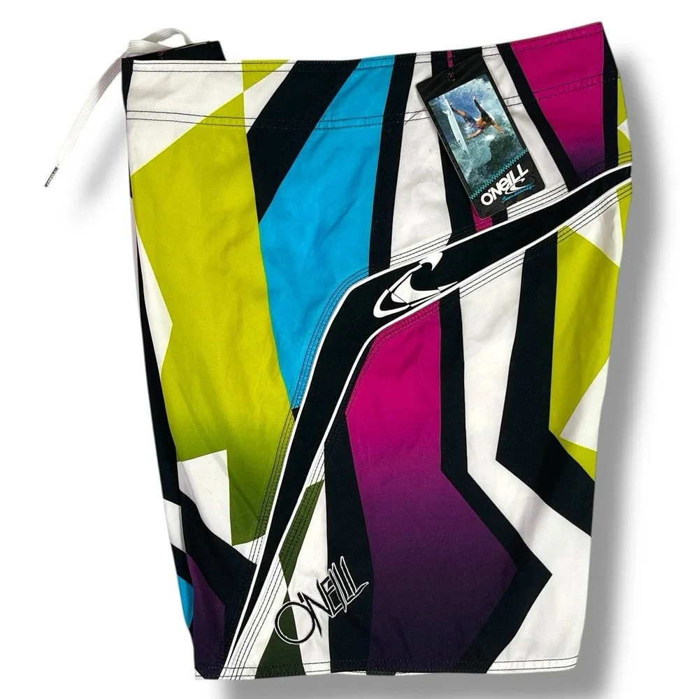 O'Neill Board Shorts Mens 38 Y2K 90s Surf Retro Geometric Multicolor Swim Trunks
