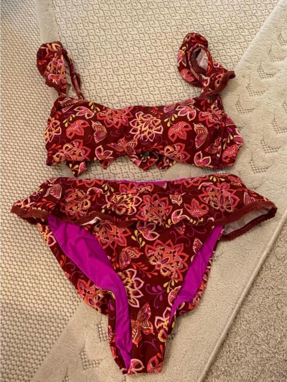 Anthropologie Floral Ruffle Two-Piece Swimsuit - Burgundy Pink