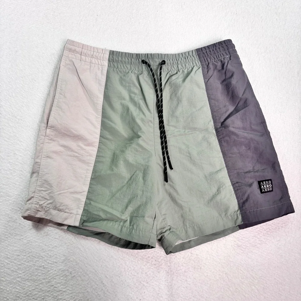 Aeropostale Color Block Swim Trunks Mens Medium Green Gray‎ Lined Beach Shorts
