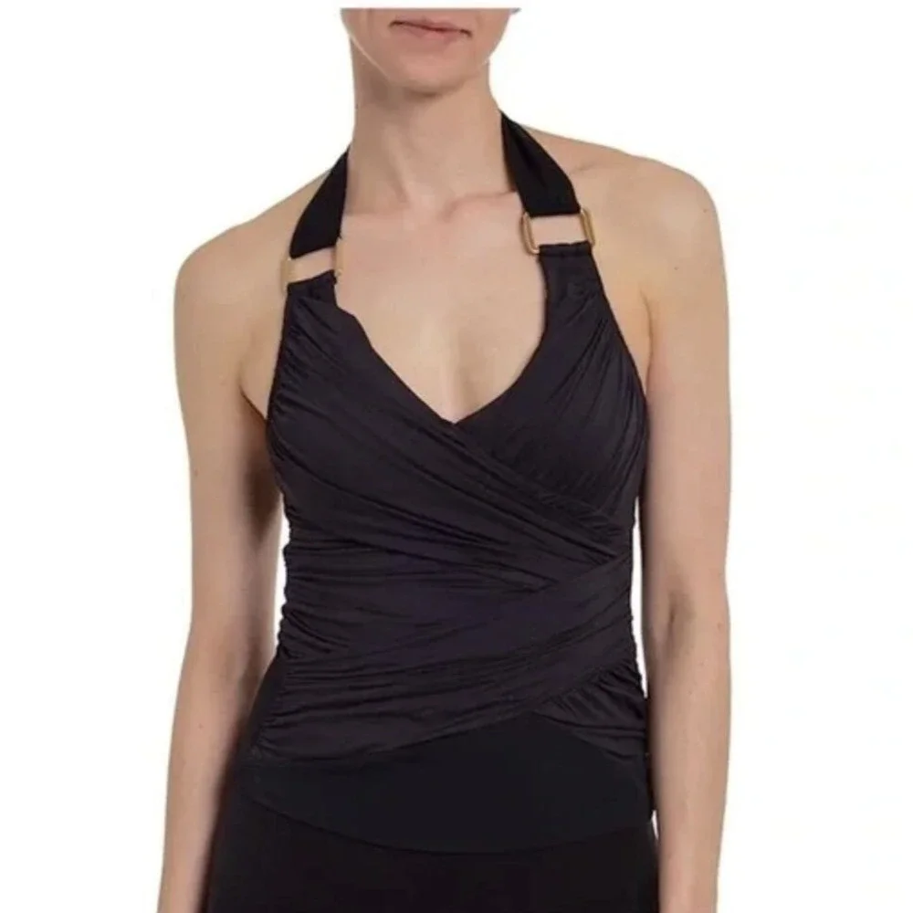 Spanx Draped Whittle Waistline Halter Tankini Black 6 Slimming Minimalist NWT