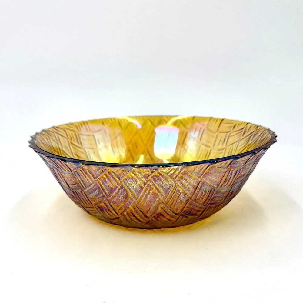 Indiana Iridescent Glass Amber Marigold Carnival‎ Glass Basketweave Bowl 8.5in