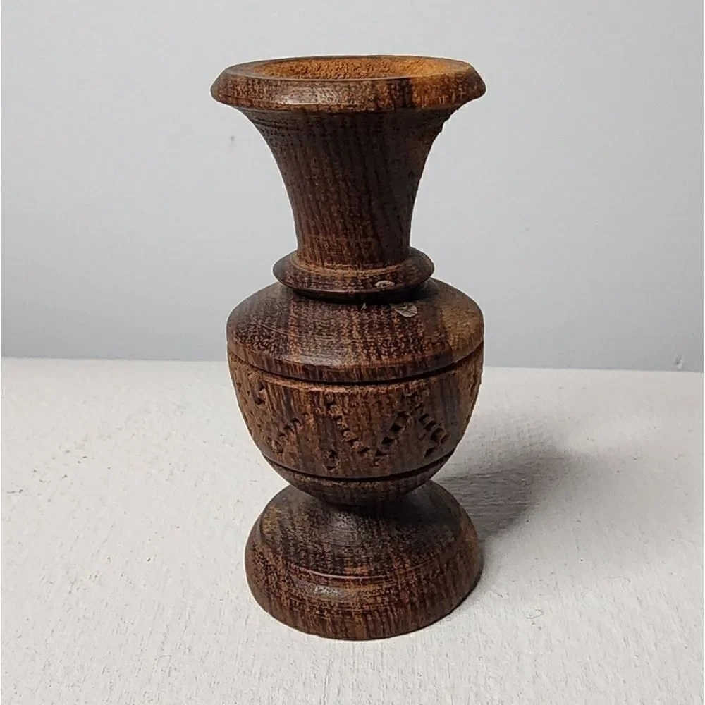 Vintage hand carved wood vase ornate