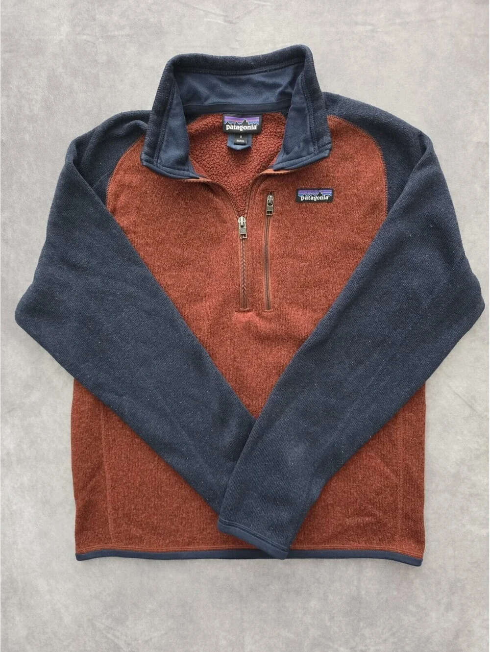 SKU0279 Patagonia Mens Small Better Sweater 1/4 Zip Fleece Pullover Rust Navy
