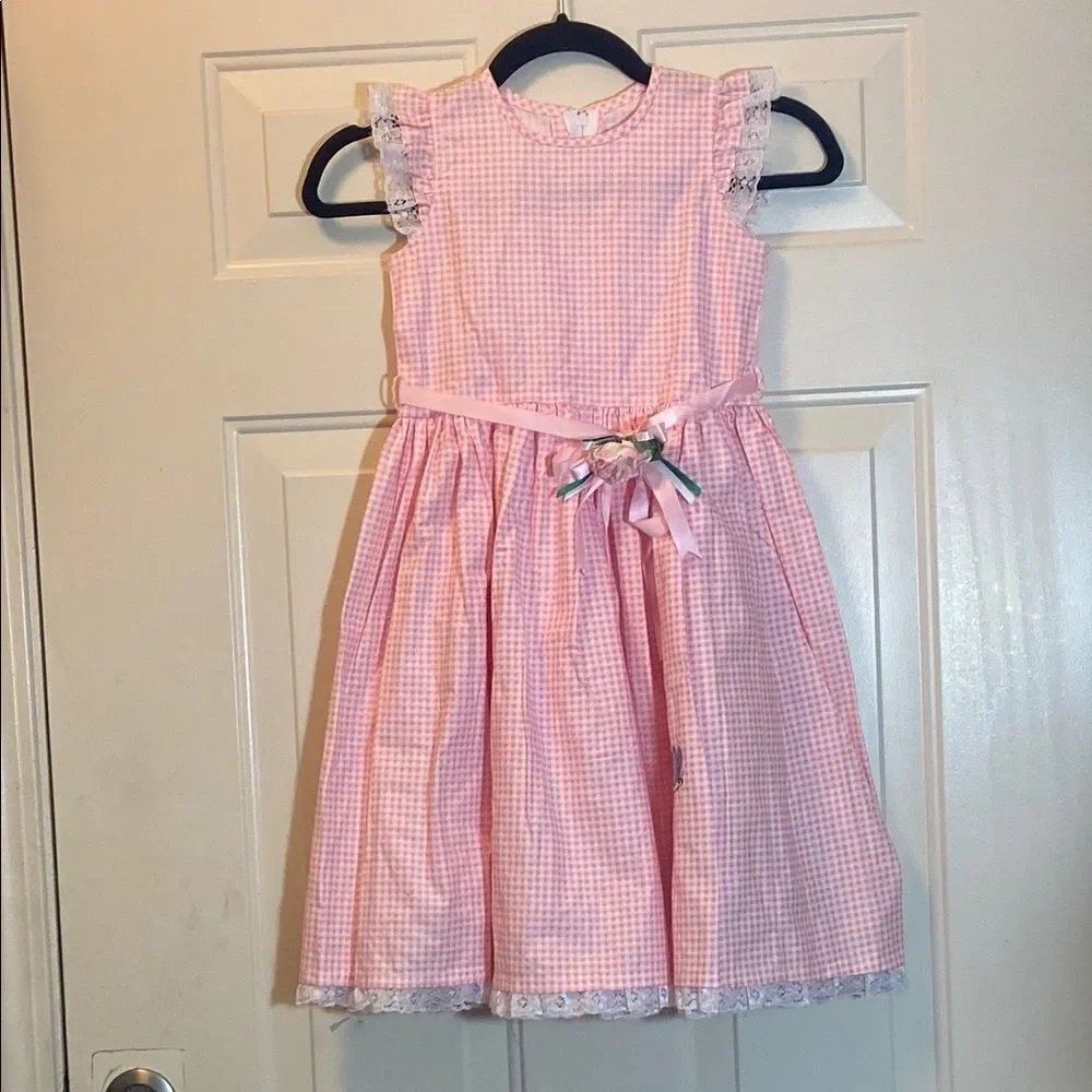 New Handmade Pink Gingham Kids Dress Approximately Size 6T Not Tag