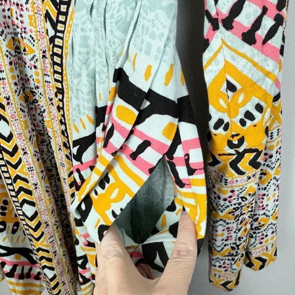 FREE PEOPLE | Teagan Boho Mini Dress Blue Yellow Pink Print Women’s Size 4