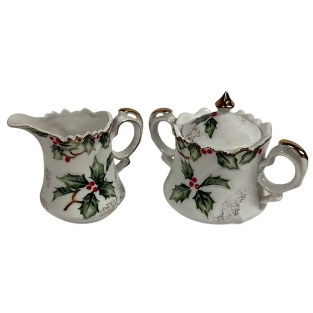 Vintage‎ Lefton China Christmas Holly Hand Painted Creamer & Sugar Set NE1965