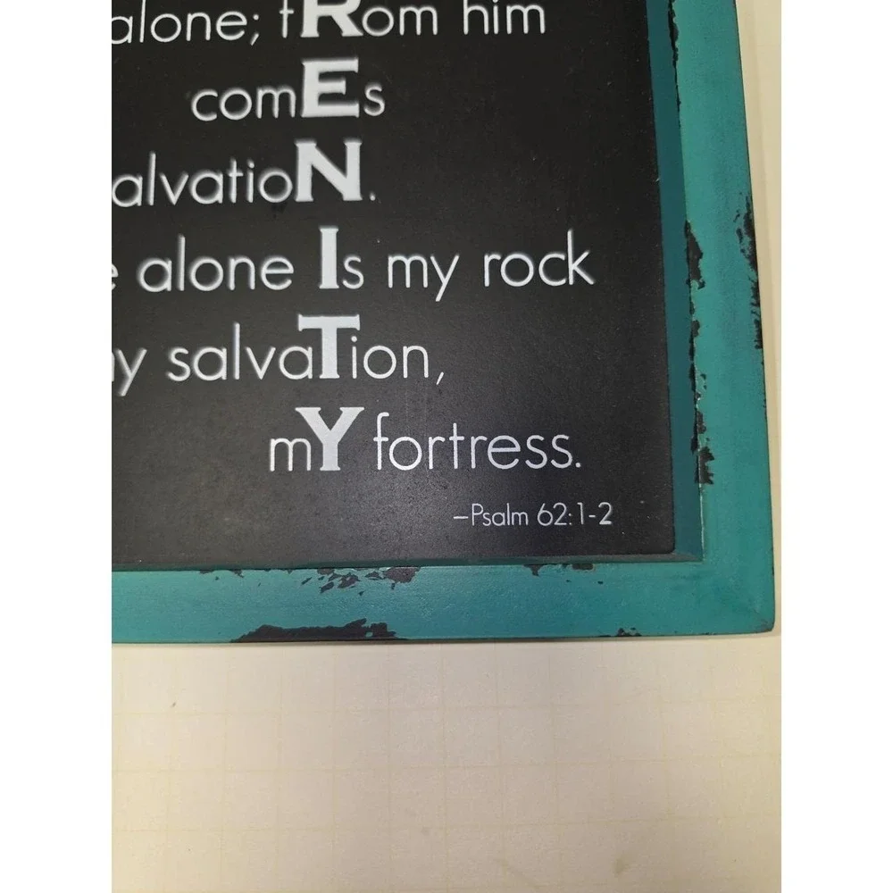 Abbey Press‎ Serenity Hanging Plaque features a rustic teal wooden frame cross